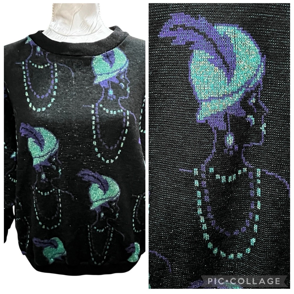 Vintage Black Sz L/XL  Long Sleeve Sweater 40s‎ Print Sparkle Rob Rich Acrylic